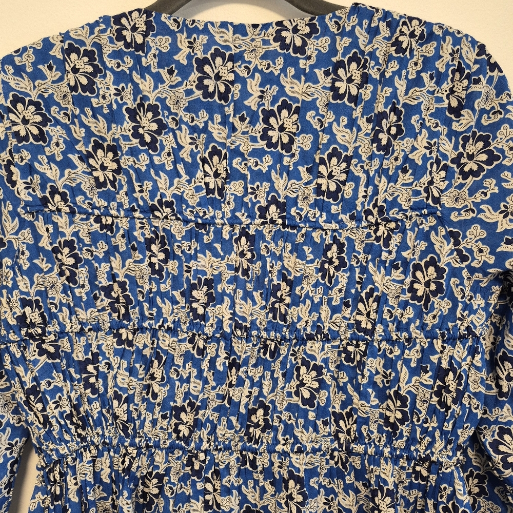J. Crew Tiered Tie Front Beach Dress Cobalt Blue Floral Cotton Vneck Mini Sz XS - Picture 12 of 16